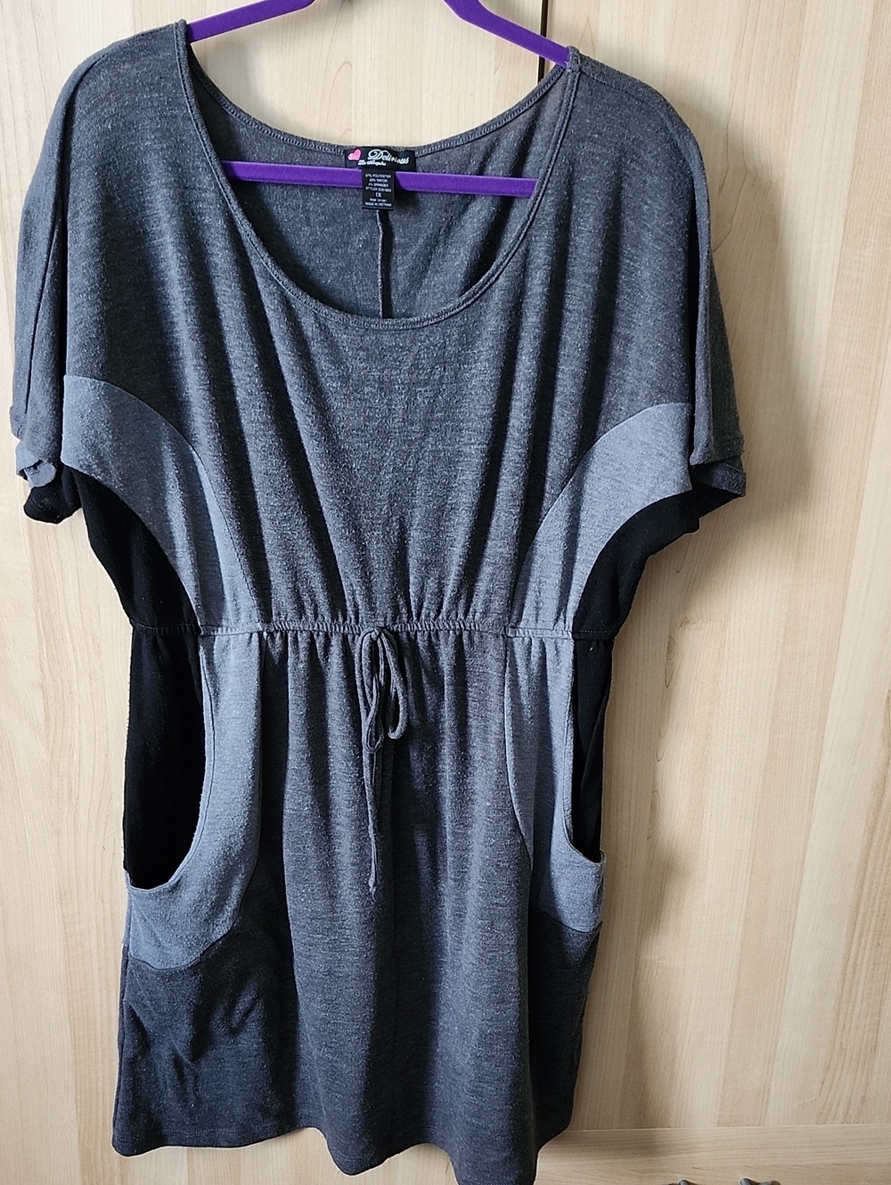 Gray Drawstring Pocket Tunic/Dress with Black Panels